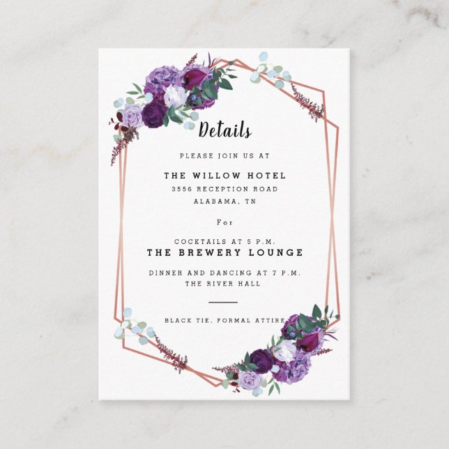 Carte D'accompagnement Détails du Mariage floral pourpre (Devant)