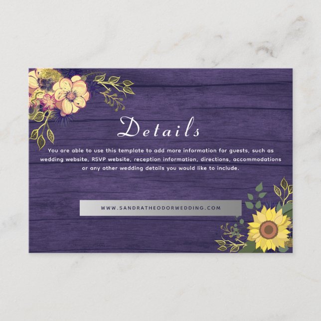Carte D'accompagnement Détails du Mariage floral pourpre (Devant)