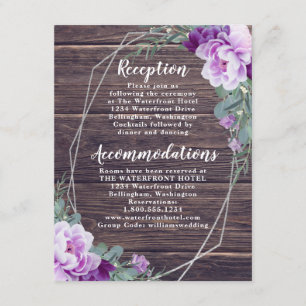 Carte D'accompagnement Détails du Mariage Floral Rustique Argent & Violet