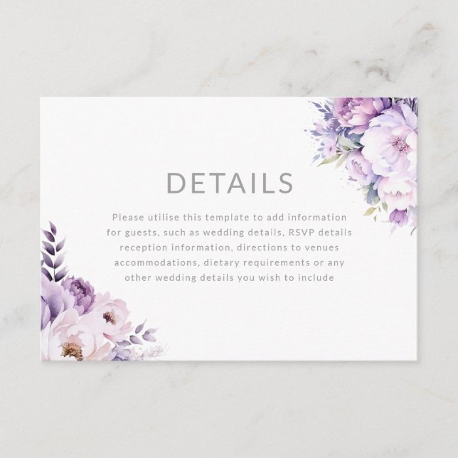 Carte D'accompagnement Détails du Mariage floral violet de lavande enchan (Devant)