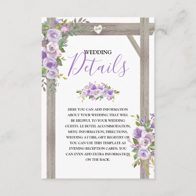 Carte D'accompagnement Détails du Mariage Floral violet rustique (Devant)