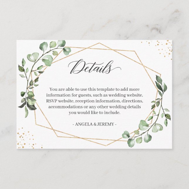 Carte D'accompagnement Détails du Mariage géométrique Eucalyptus Greenery (Devant)