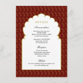 Carte D'accompagnement Détails du mariage indien traditionnel Red & Gold