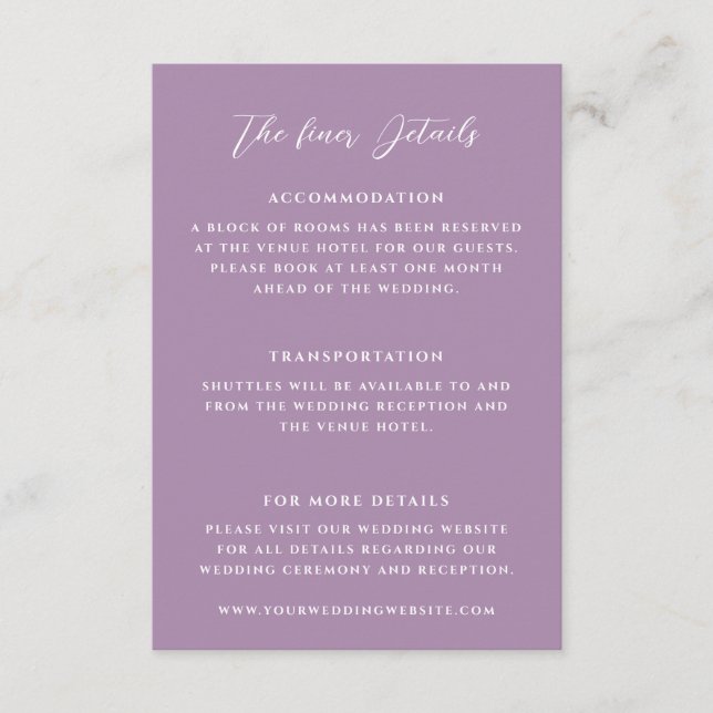 Carte D'accompagnement Détails du Mariage Lilac élégant (Devant)