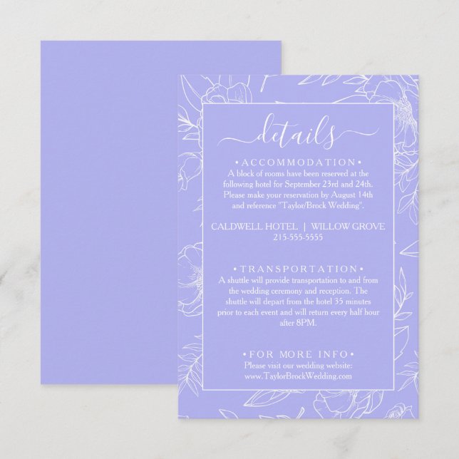 Carte D'accompagnement Détails du Mariage moderne Floral Periwinkle (Devant / Derrière)