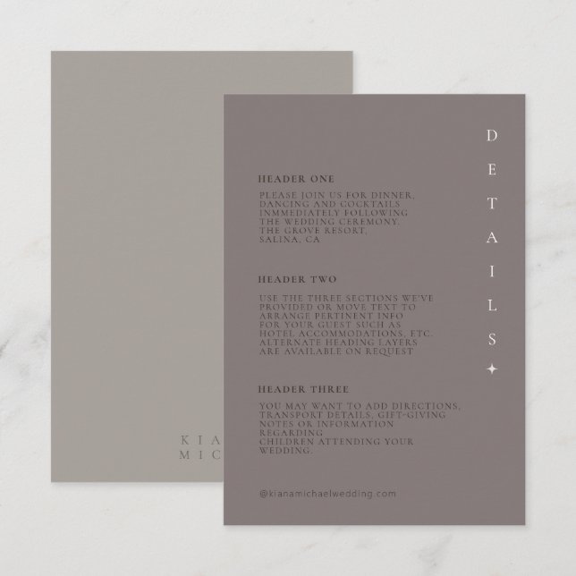 Carte D'accompagnement Détails du Mariage neutre chic gris chaud ID1020 (Devant / Derrière)