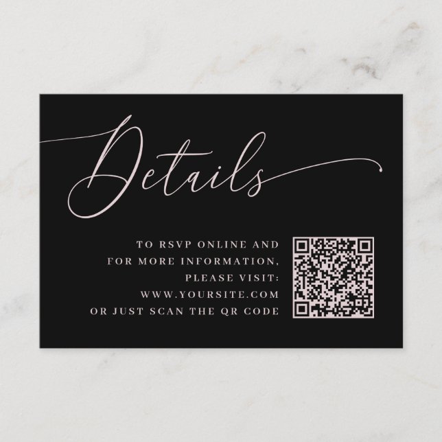 Carte D'accompagnement Détails du Mariage noir avec script rose et code Q (Devant)