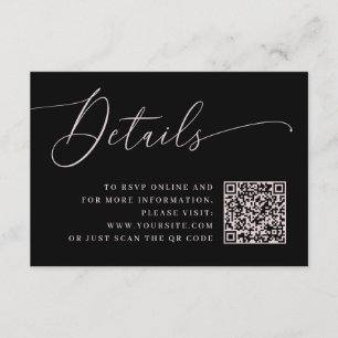 Carte D'accompagnement Détails du Mariage noir avec script rose et code Q