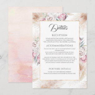 Carte D'accompagnement Détails du Mariage Pampas Grass et Pink King Prote