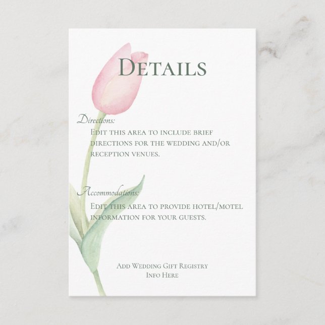 Carte D'accompagnement Détails du Mariage Pink Tulip Solo (Devant)