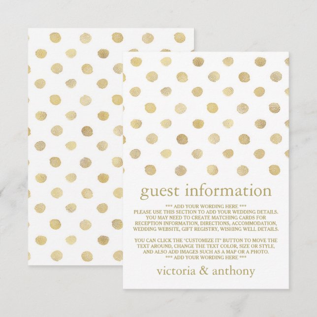 Carte D'accompagnement Détails du Mariage Pois moderne White & Gold (Devant / Derrière)