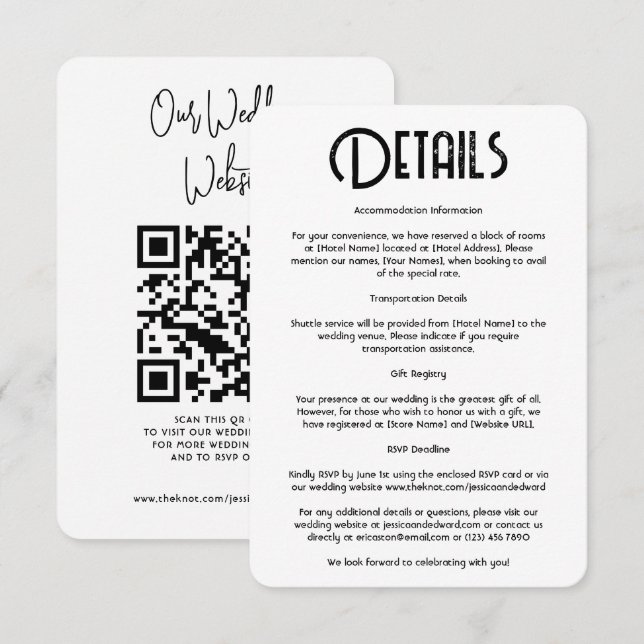 Carte D'accompagnement Détails du mariage Qr Code Simple Noir Minimal Chi (Devant / Derrière)