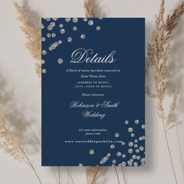Carte D'accompagnement Détails du Mariage Romantique Argent Confetti Mari (Romantic Silver Confetti Wedding Details Navy Enclosure Card)