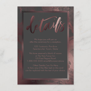 Carte D'accompagnement Détails du Mariage rose en marbre doré sur gris fo