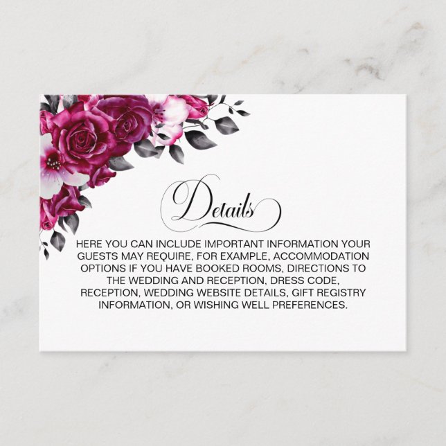 Carte D'accompagnement Détails du Mariage rose Floral (Devant)