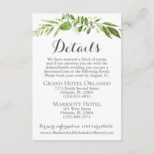 Carte D'accompagnement Détails du Mariage Rustic Greenery Insère la feuil (Devant)