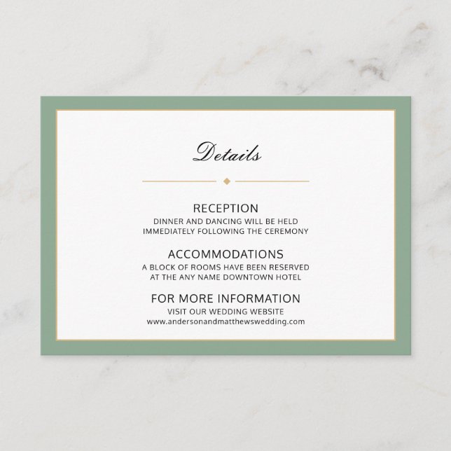 Carte D'accompagnement Détails du Mariage Sage Green et Gold (Devant)