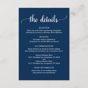 Carte D'accompagnement Détails du mariage, Script bleu Rustic Navy
