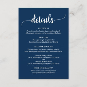 Carte D'accompagnement Détails du mariage, Script bleu Rustic Navy