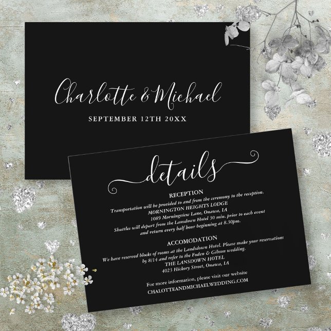 Carte D'accompagnement Détails du mariage Signature Script noir et blanc (Wedding Details Signature Script Black And White Enclosure Card)