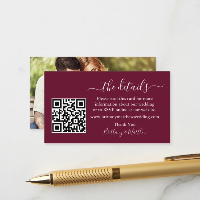 Carte D'accompagnement Détails du mariage Site web QR Photo Bourgogne (Devant/Arrière en situation)