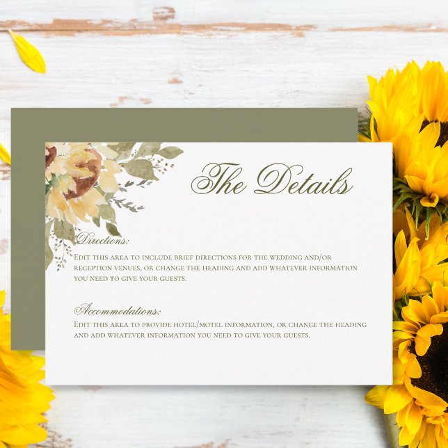Carte D'accompagnement Détails du Mariage vert Soft Sunflowers (Créateur téléchargé)