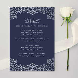 Carte D'accompagnement Détails du Mariage Vintage Bleu Nuit Argent Antiqu