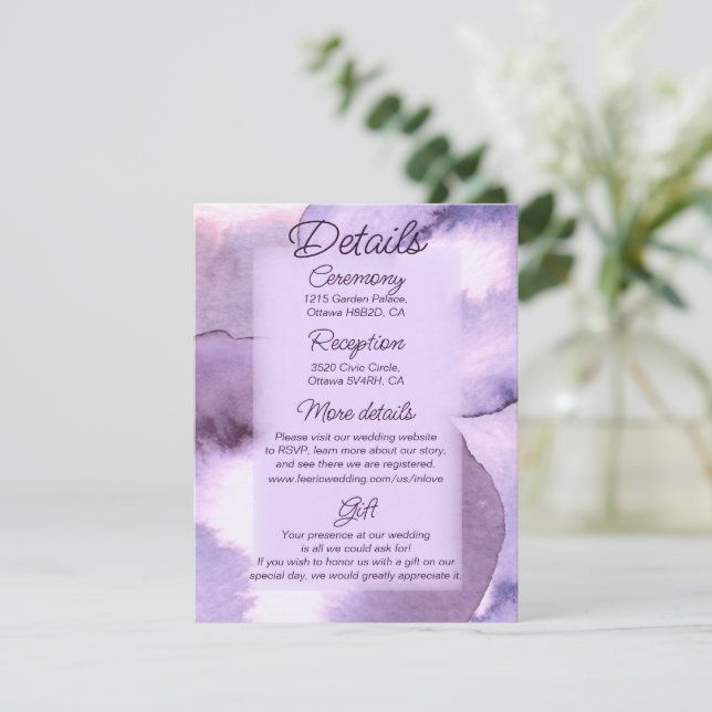 Carte D'accompagnement Détails du mariage violet lavande violet (Debout devant)