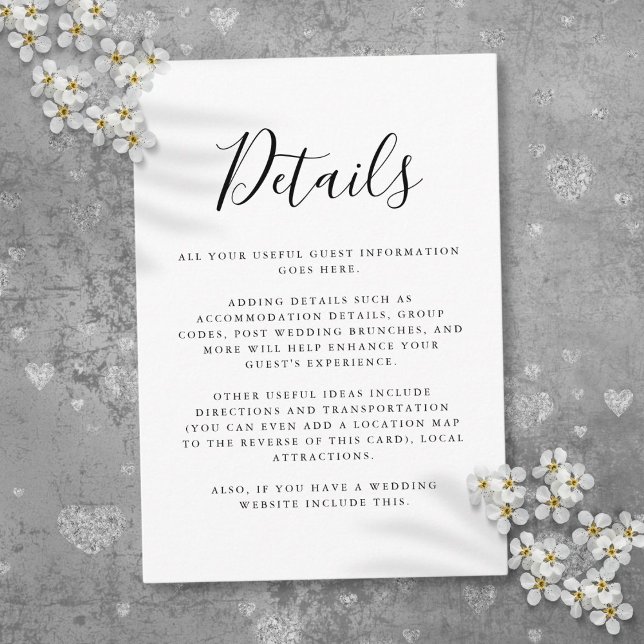 Carte D'accompagnement Détails du script d'information pour les invités e (Black And White Guest Information Script Details Enclosure Card)