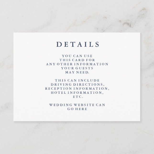 Carte D'accompagnement Détails | Dusty Navy Blue Mariage Details Card (Devant)