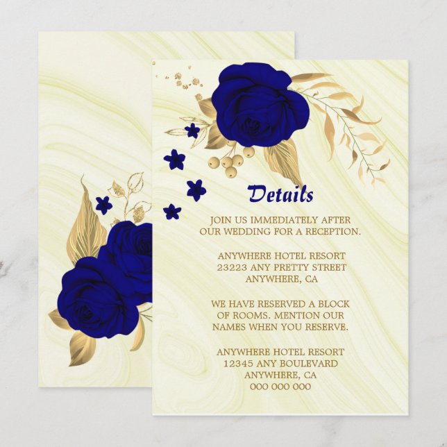 Carte D'accompagnement Détails floraux d'or bleu royal (Devant / Derrière)
