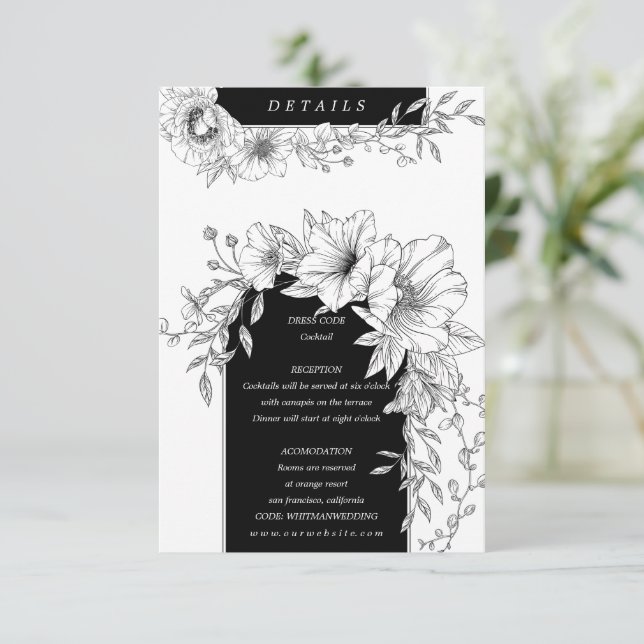 Carte D'accompagnement détails floraux élégants noir et blanc (Debout devant)