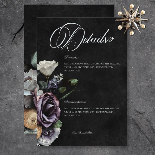 Carte D'accompagnement Détails floraux sombres gothiques mystérieux et fe (Dark Gothic Mysterious Muted Floral Details Enclosure Card)