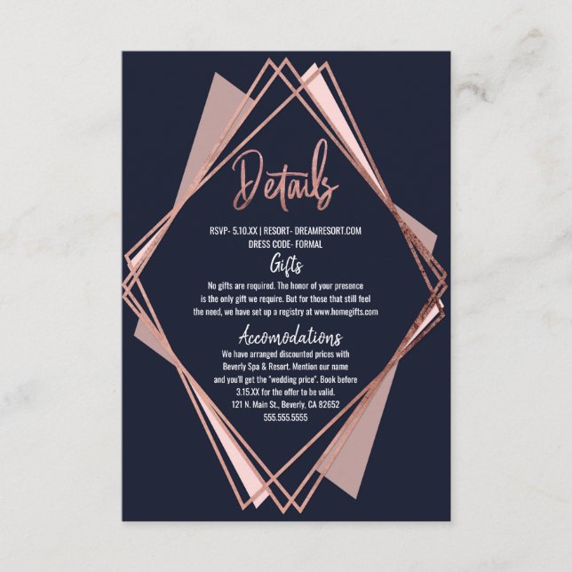 Carte D'accompagnement Détails géométriques Rose Gold Bleu Nuit Mauve (Devant)