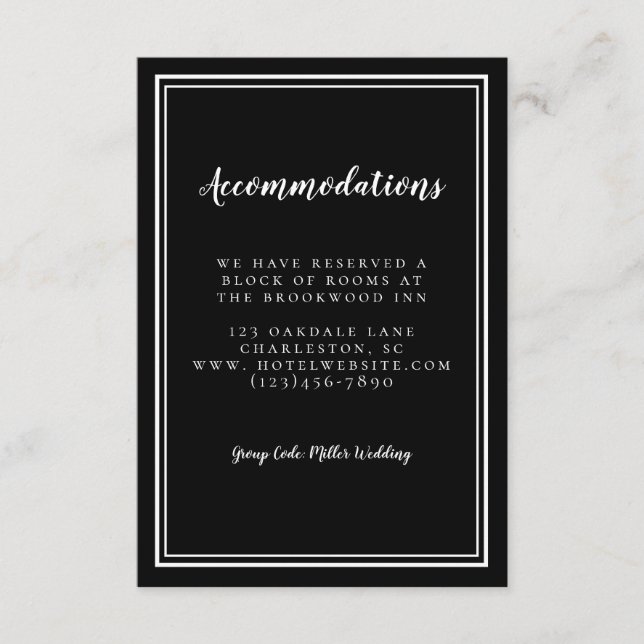Carte D'accompagnement Détails Hébergements Simple Mariage Noir Blanc (Devant)