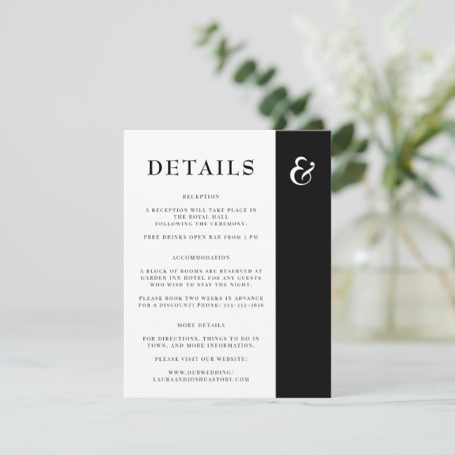 Carte D'accompagnement Détails mariage noir et blanc simple et élégant (Debout devant)