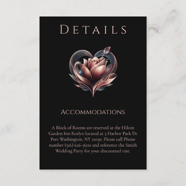 Carte D'accompagnement Détails mariage-Rose moderne avec coeur (Dos)
