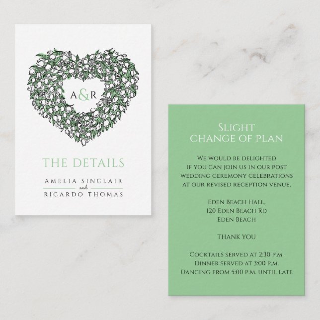 Carte D'accompagnement détails mariage tulipes blanches bouquet monogramm (Devant / Derrière)