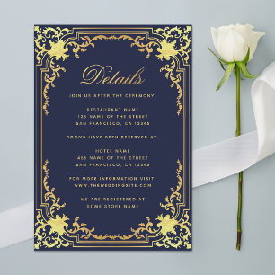 Carte D'accompagnement Détails Marine Blue Elegant Ornate Faux Gold Maria