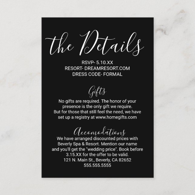 Carte D'accompagnement Détails minimaux sur le Mariage noir blanc (Devant)