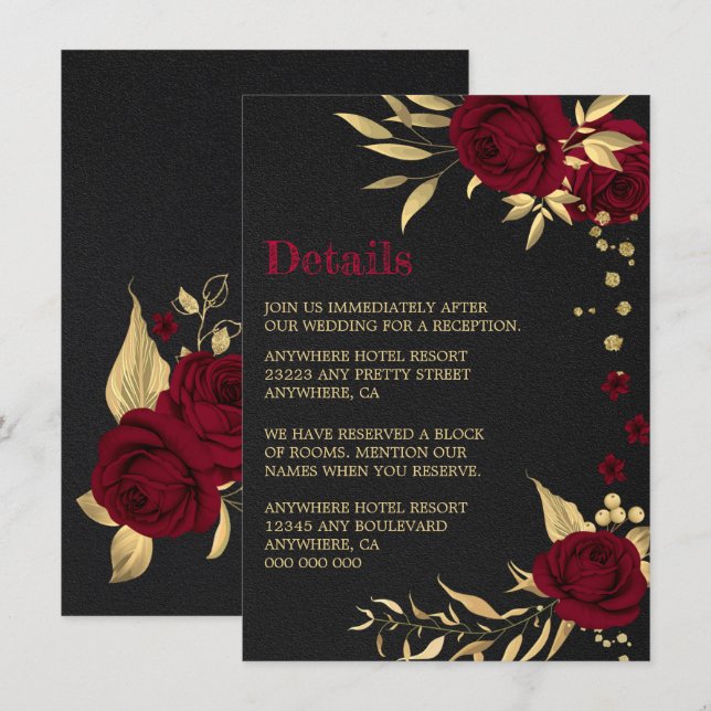 Carte D'accompagnement détails noir floral or bordeaux (Devant / Derrière)