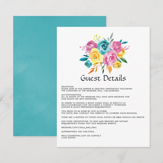 Carte D'accompagnement Détails pour invités Floral Turquoise, Jaune et Ro (Devant / Derrière)