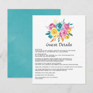 Carte D'accompagnement Détails pour invités Floral Turquoise, Jaune et Ro
