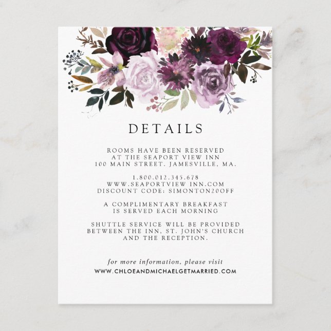 Carte D'accompagnement Détails pour les invités de fleurs roses mauves et (Devant)