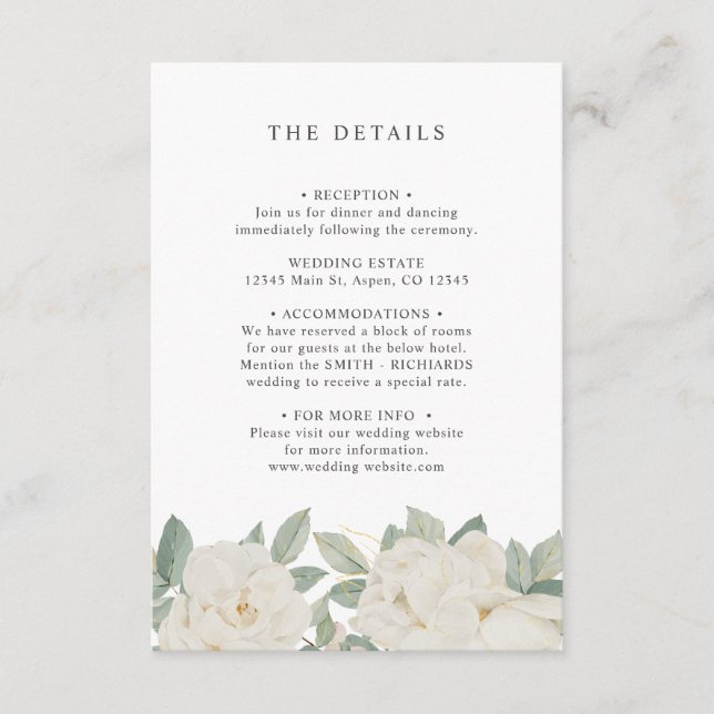 CARTE D'ACCOMPAGNEMENT DÉTAILS POUR LES INVITÉS DE MARIAGE AUX ROSES BLAN (Devant)