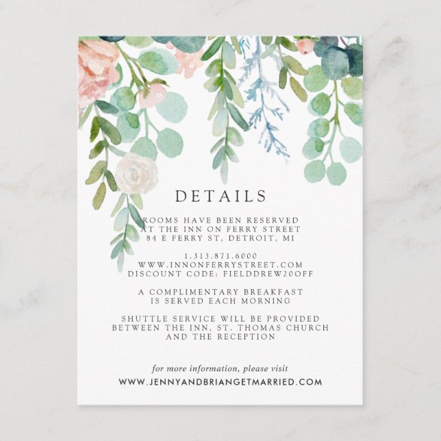 Carte D'accompagnement Détails pour un mariage estival fleuri et rosé (Devant)