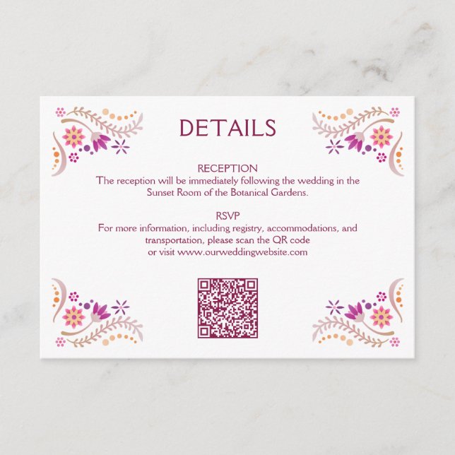 Carte D'accompagnement Détails QR du Mariage rose Fiesta (Devant)