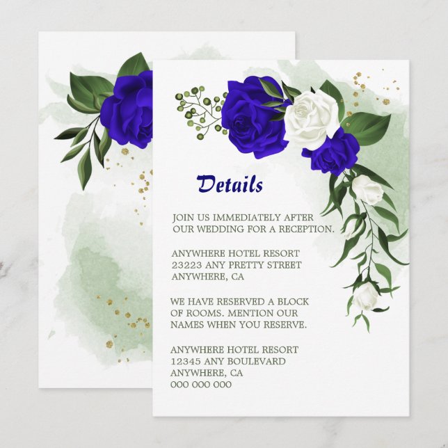 Carte D'accompagnement Détails Royal bleu blanc fleuri vert détails (Devant / Derrière)