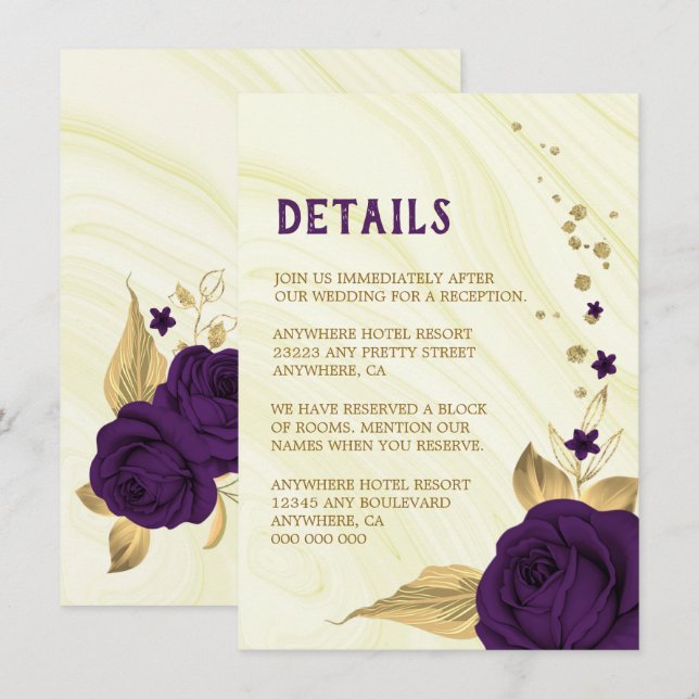 Carte D'accompagnement Détails Royal violet or floral marbre or (Devant / Derrière)