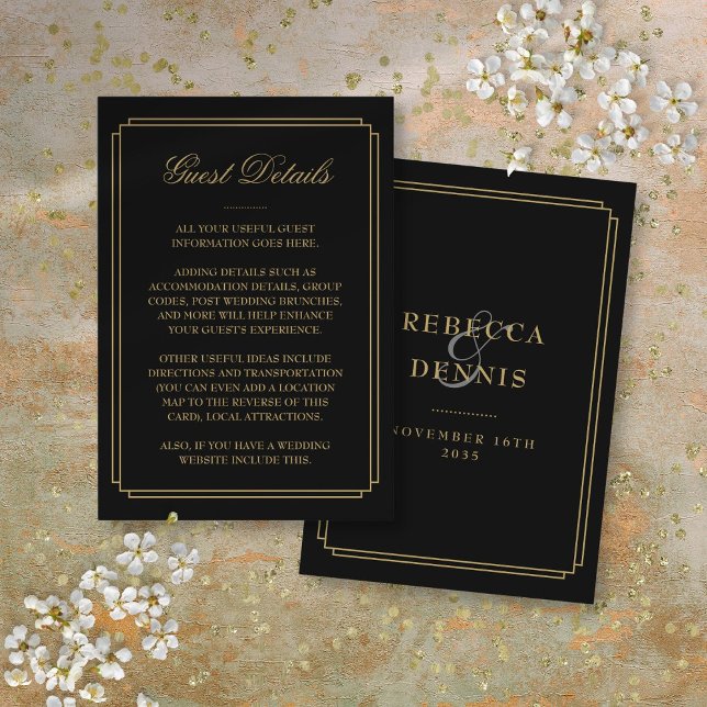 Carte D'accompagnement Détails sur le Mariage Black And Gold Deco (Black And Gold Deco Wedding Guest Details Enclosure Card)